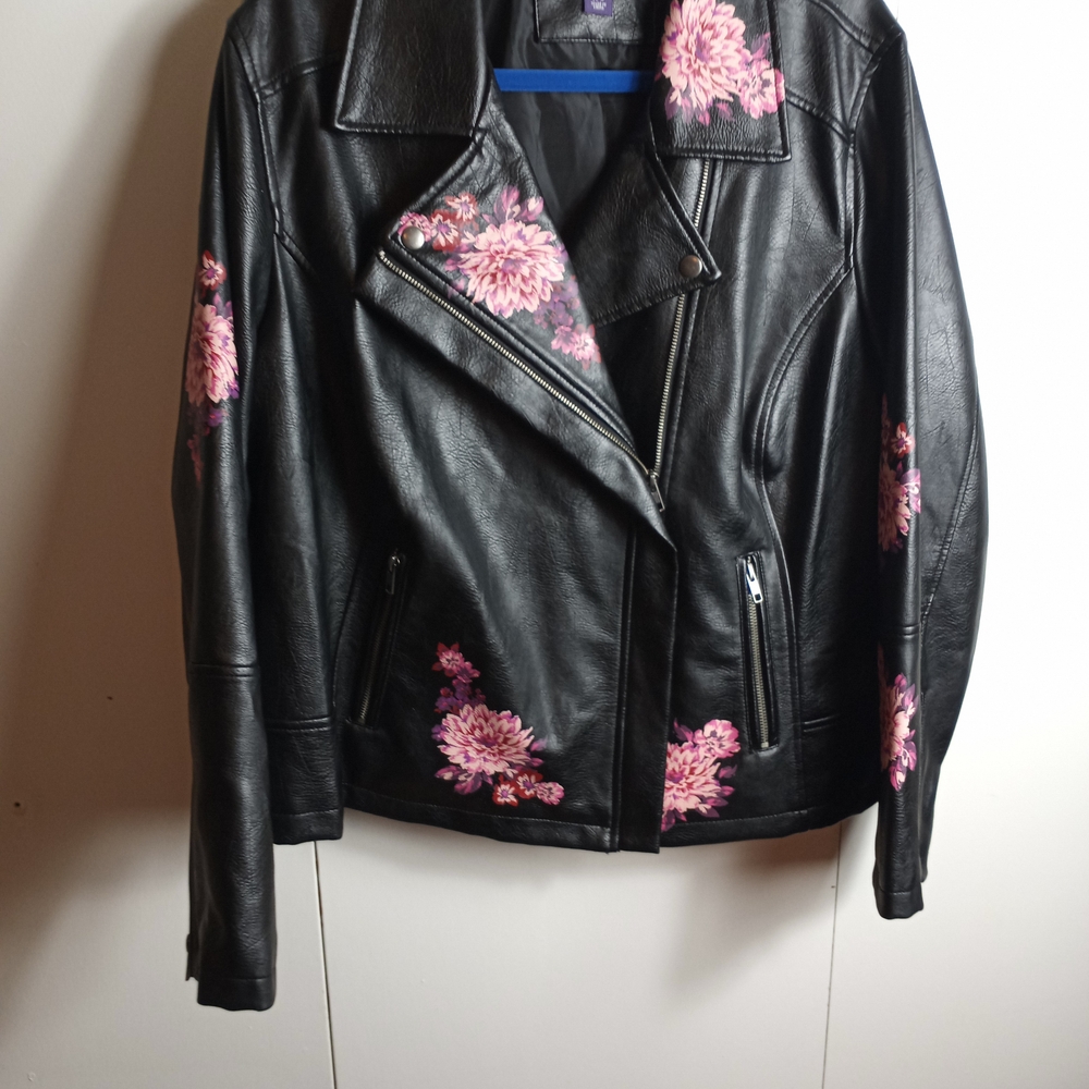 Women's Black Leather Jacket with Pink Floral Design